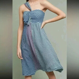 Anthropologie Maeve Bohemian One Shoulder Gingham Waverly Plaid Dress Size 2 XS